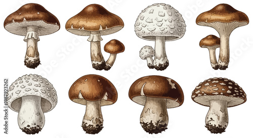 A vintage illustration showcasing a diverse collection of mushroom varieties with detailed textures