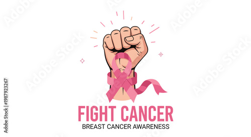 Breast cancer awareness month illustration featuring a raised fist wrapped in a pink ribbon to fight cancer together.