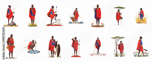 Collection of Maasai warriors and tribespeople in traditional attire and various poses, highlighting East African cultural heritage and daily life scenes.