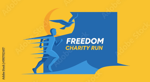 Charity Run Symbolizing Liberation With A Runner And Soaring Bird On Yellow Background