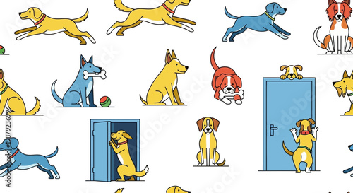 Charming Canine Illustration: Playful Pups in Action on White Canvas