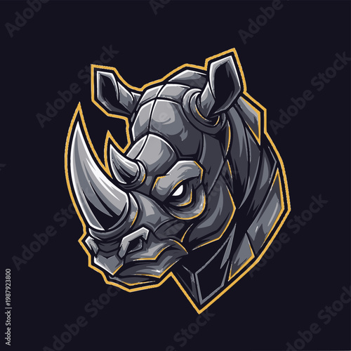 An illustration of a rhinoceros head with a robotic armor on a dark background.