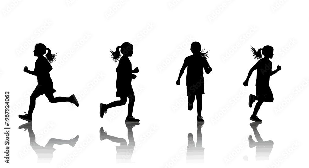 Obraz premium Children Running Silhouettes on White Background Capturing Movement and Energy in Motion