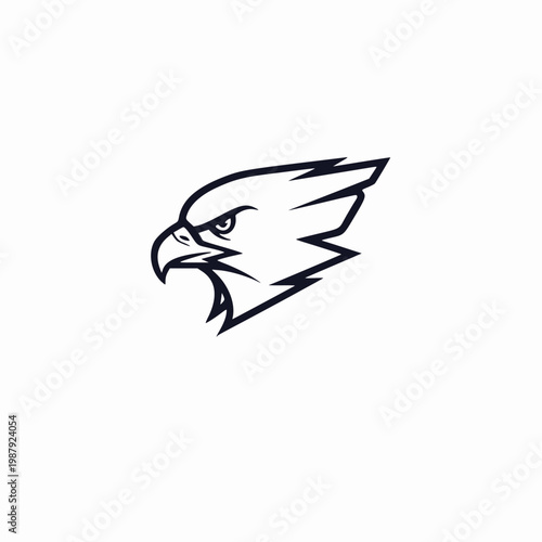 A fierce eagle head illustration depicts a sharp beak and intense gaze in a graphic design.