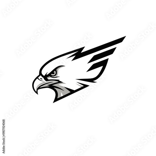 A striking black and white illustration of an eagle's head showcases its sharp gaze and detailed feathers.