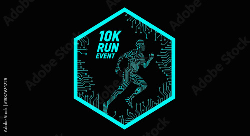 Circuit Runner Emblem for 10K Running Event with Electronic Design and Black Background