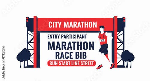 City Marathon Event: Race Bib, Runner Silhouette, Finish Line, and Vector Illustration
