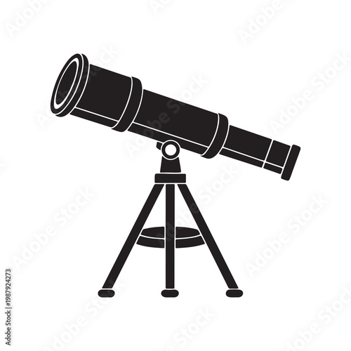 Black and white illustration of a telescope on a tripod for astronomical observation  simple graphic design element for educational materials and science related projects