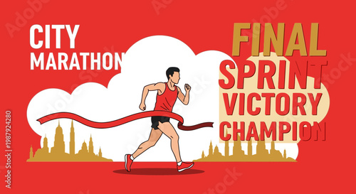 City Marathon Final Sprint: A Champion's Victory In Urban Landscape Design Illustration