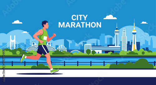 City Marathon Illustration Depicting Runner, Urban Landscape, and Sky, Perfect For Advertising