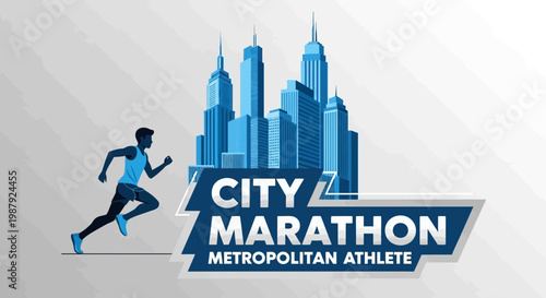 City Marathon Metropolitan Athlete Illustrative Design Featuring Urban Skyscrapers and Runner