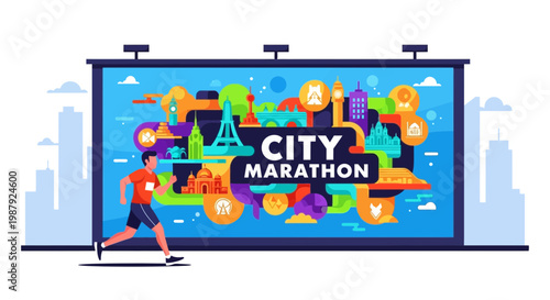 City Marathon Advertising Artwork Displaying International Landmarks with A Runner.
