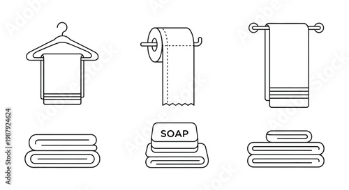 A minimalistic line drawing showcases various bathroom essentials including towels toilet paper and soap