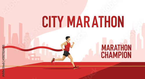 City Marathon Athlete Reaching Finish Line, Champion Runner Wins Race Triumphantly