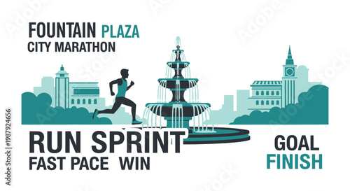 City Marathon Run Sprint Through Fountain Plaza With Runner Silhouette, Winning Race