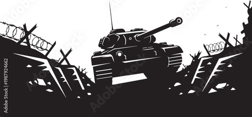 Black silhouette military tank, armored vehicle, war machine, destructive power