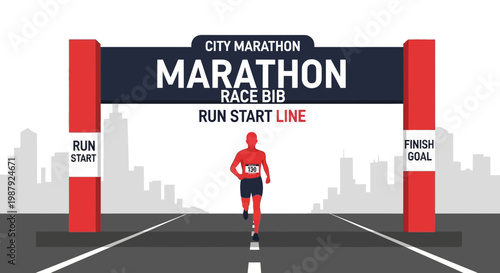 City Marathon Athlete Racing Towards Finish Line With Goal In A Urban Environment