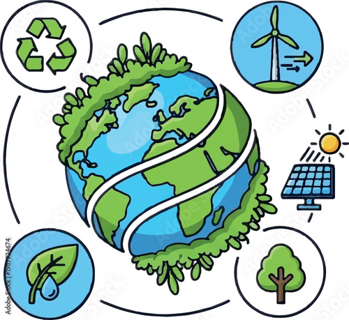 Eco friendly icons, green energy symbols, sustainable earth graphics, environmental illustrations