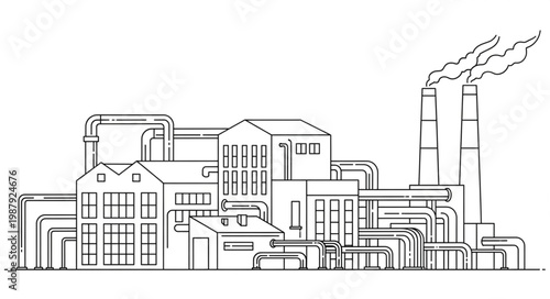 Industrial factory with smoking chimneys and pipes illustration.