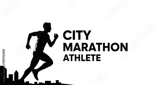 City Marathon Athlete Silhouette: A Dynamic Runner in Black and White Urban Landscape