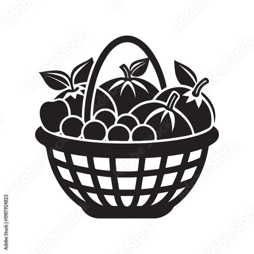Black and white illustration of a wicker basket filled with various fruits and vegetables including apples and leaves  fresh healthy food