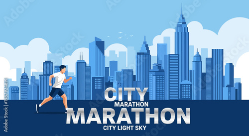 City Marathon Runner Silhouette Against Urban Skyline With Clear Clouds and Skyscrapers
