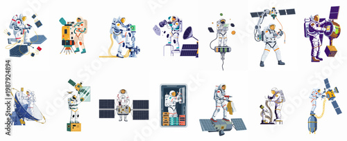 Set of Vector Illustrations Showing Astronauts Performing Maintenance and Repair Tasks on Satellites, Solar Panels, and High-Tech Equipment in Space.