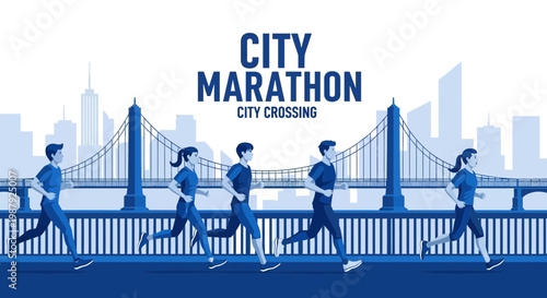 City Marathon Runners Crossing Bridge in Animated Perspective for Fitness and Athletic Events