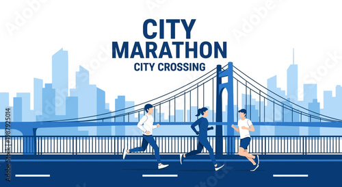 City Marathon Runners Crossing Bridge with Urban Skyline and Active Lifestyle Theme
