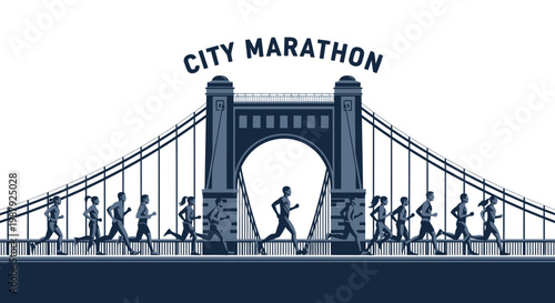 City Marathon Runners Crossing Bridge with Minimalistic Graphic Style for Endurance Sports