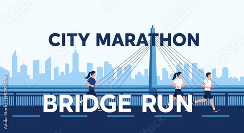 City Marathon Runners Crossing Bridge with Urban Skyline in Background for Fitness Events