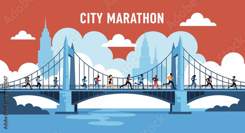 City Marathon Runners Crossing Iconic Bridge With Skyline Background