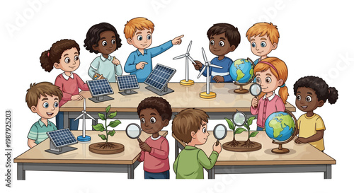 Illustrated diverse group of children examining solar panels, wind turbines, and plants with magnifying glasses on desks against a white background, promoting a theme of environmental