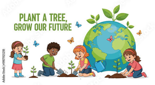 Cheerful cartoon illustration depicting children of diverse ethnicities planting trees in front of a globe with butterflies, conveying an optimistic message of environmental stewardship