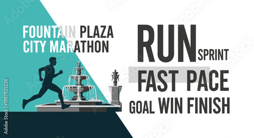 City Marathon Runners Sprinting Past A Fountain During The Organized Race Event