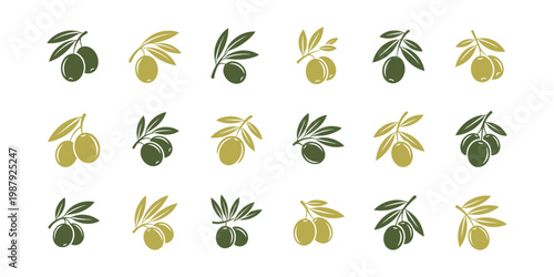 Minimal olive oil logo set with various olive icon variations, modern and elegant style for healthy food business branding needs.