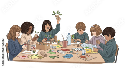 Illustration of diverse children crafting together around a table, upcycling materials for World Heritage Day in a bright, light-filled room with a focus on environmental awareness