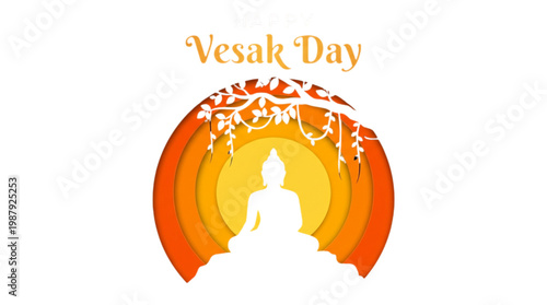 Vesak Day Greeting Card Design with Peaceful Buddha Silhouette and Bodhi Tree for Buddhist Celebration