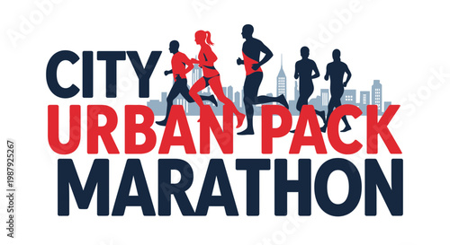 City Marathon Runners: Urban Pack Silhouettes Competing in Athletic Event in the Cityscape