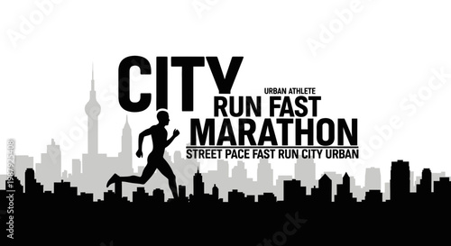 City Marathon Silhouette Displaying Urban Runner in Black and White Design for Fitness Events