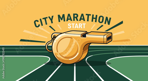 City Marathon Start Illustration Featuring a Whistle and Running Track Design