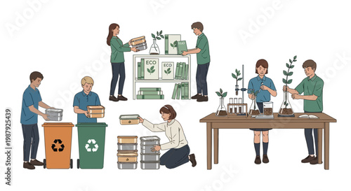 Illustrated scene depicts people sorting recyclables into bins and conducting botanical experiments at tables in a bright setting, showcasing environmental awareness and sustainable