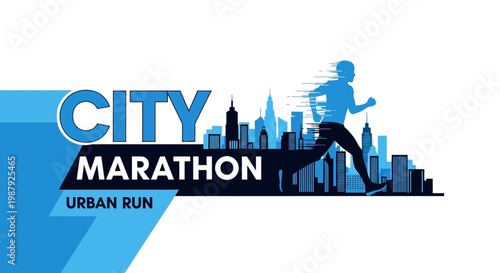 City Marathon Urban Run Silhouette with a Runner Displayed with Bold Blue Colors