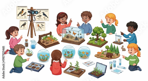 Enthusiastic schoolchildren are joyfully gathered around various miniature ecosystems and displays in a bright, educational illustration with vibrant colors, celebrating the wonders