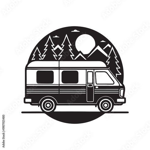 Black and white illustration of camper van parked in front of mountains and trees under sunny sky  campervan on road trip to natural landscape  recreational vehicle