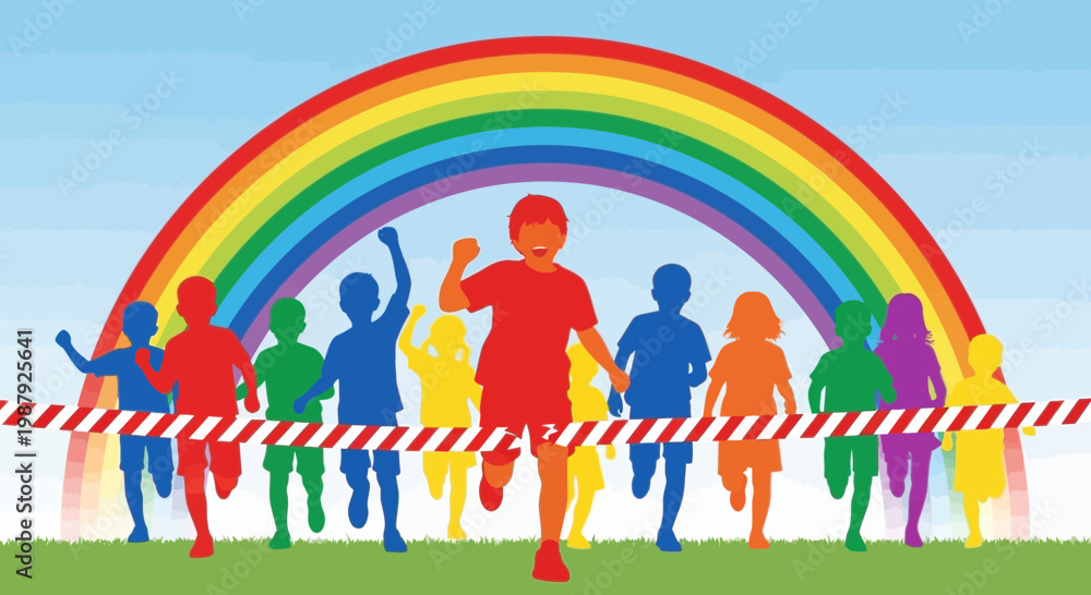 Fototapeta premium Colorful Silhouette Kids Racing to the Finish Line as the Rainbow Appears Above