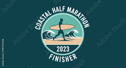 Coastal Half Marathon 2023 Finisher Badge, Surfer, Waves, Beach, and Sporting Event Emblem