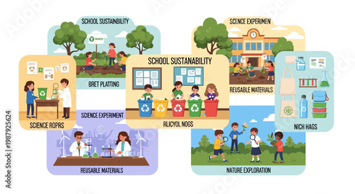 A colorful compilation features children participating in school sustainability activities, including science experiments and nature exploration, set against various outdoor and indoor
