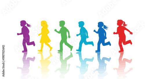 Colorful Silhouette Figures Of Children Running In A Harmonious Array Of Hues