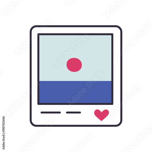 Social media post icon with nature photo, flat cartoon sea and the sun landscape. Travel scenery and outdoor beauty, internet sharing vector illustration, isolated colored clipart on white background